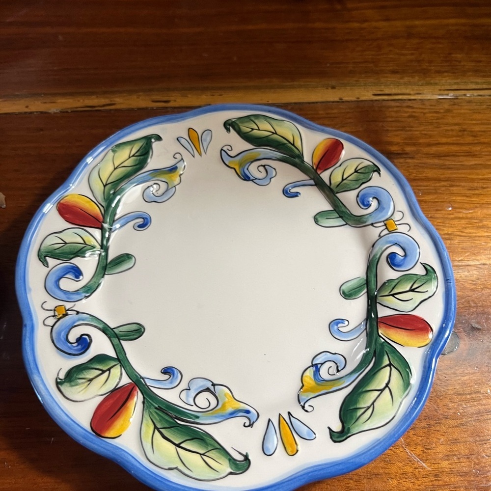 Fitz and Floyd Ceramic Plate with Blue Rim and Leaf Design